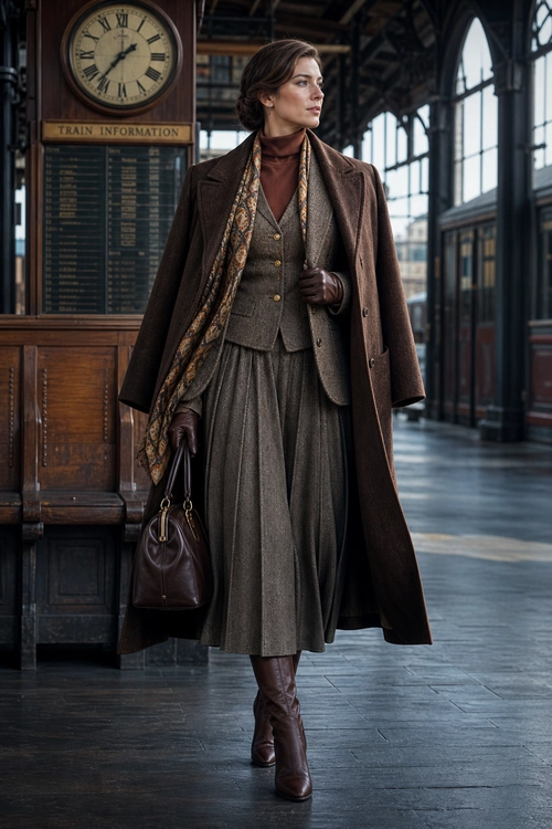 Heritage Brown Tailored Look A woman wears a long brown coat over a tailored tweed vest, pleated midi skirt, patterned scarf, gloves, handbag, and tall leather boots.