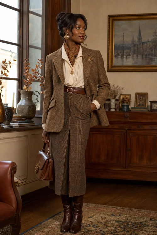 Vintage-Inspired Brown Tailored Suit Woman wearing a brown tweed blazer with a cream blouse, high-waisted trousers, leather belt, tall brown boots, and a structured brown handbag.