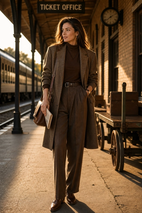 Brown Tailored Travel Look A woman wears a brown turtleneck, tailored long coat, pleated trousers, belt, leather shoes, and a shoulder bag.