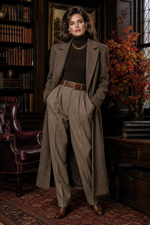 Tailored Brown Turtleneck Look A woman wears a long brown coat over a dark brown turtleneck and pleated high-waisted trousers with a leather belt and brown ankle boots.