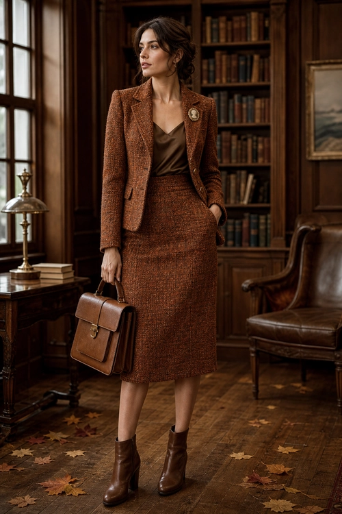 Brown Tweed Skirt Suit Outfit A woman wearing a brown tweed blazer and matching skirt with a brown V-neck blouse, ankle boots, brooch, and structured leather handbag.