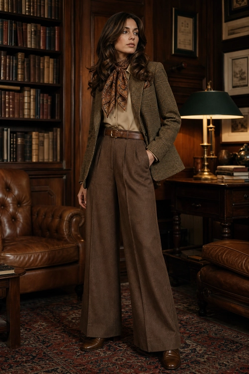 Brown Tweed Blazer and Wide-Leg Trousers A woman wearing a brown tweed blazer, beige blouse, patterned neck scarf, and high-waisted wide-leg trousers with a brown belt.