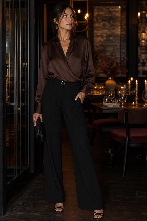 A woman wears a brown wrap blouse with black wide-leg trousers, strappy heeled sandals, and a black clutch.