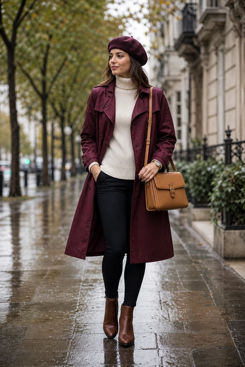 A woman wears a burgundy beret and trench coat over a cream turtleneck with black trousers, brown ankle boots, and a tan shoulder bag.