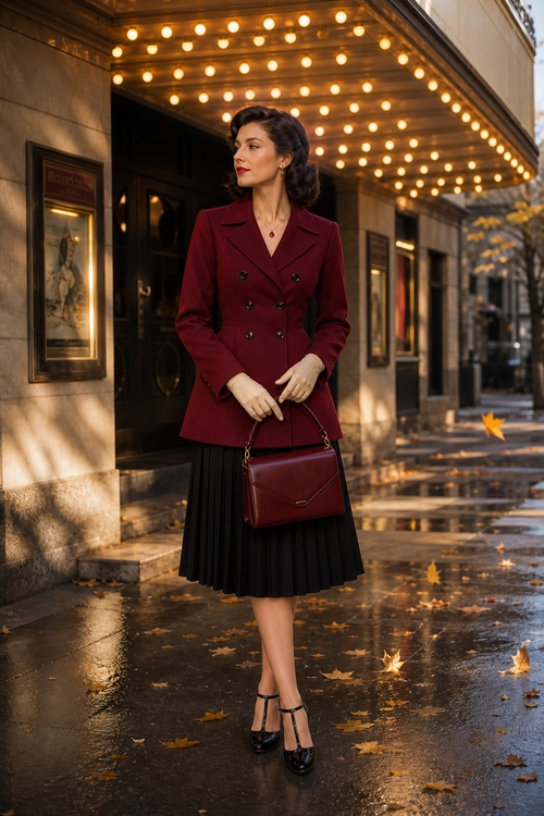 Burgundy Blazer and Pleated Skirt Outfit A burgundy double-breasted blazer styled with a black pleated midi skirt, burgundy handbag, and black ankle-strap shoes.