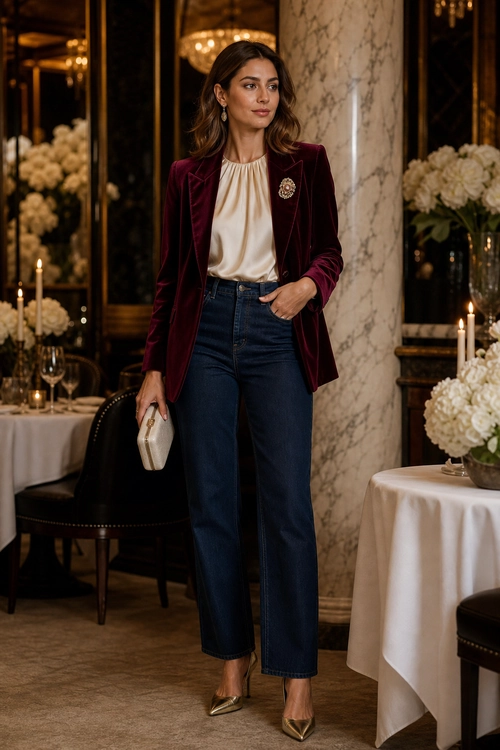 A woman wears a burgundy blazer over an ivory blouse with dark wide-leg jeans, metallic pointed heels, and a small cream clutch.