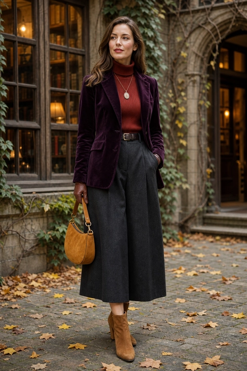 Burgundy Blazer and Wide-Leg Trousers A woman wears a burgundy velvet blazer over a rust turtleneck with charcoal wide-leg trousers, brown ankle boots, and a tan shoulder bag.