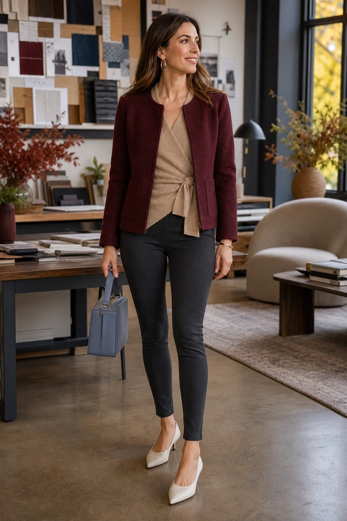 Woman wearing a burgundy blazer over a beige wrap top with dark slim trousers, cream pointed heels, and a blue-gray handbag.
