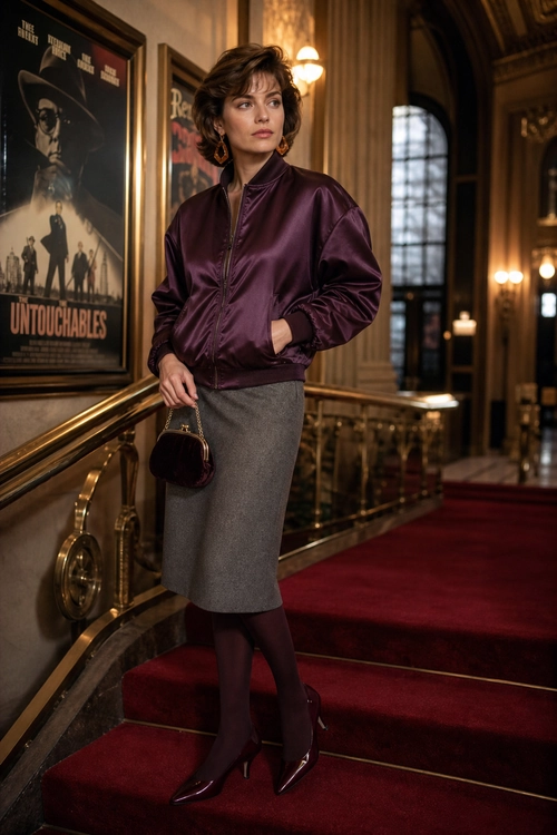 Burgundy Bomber Jacket and Gray Skirt Outfit A woman wears a burgundy satin bomber jacket with a gray knee-length skirt, dark tights, pointed heels, and a small burgundy handbag.
