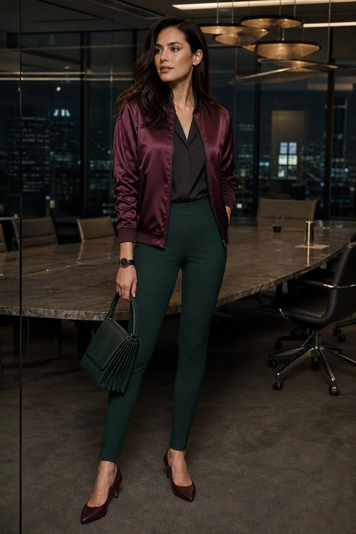 A polished office outfit featuring a burgundy bomber jacket, dark blouse, deep green trousers, burgundy pointed heels, and a matching pleated clutch.