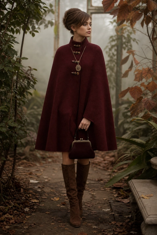 Burgundy Cape and Knee-High Boots A woman wears a burgundy cape with toggle closures, layered pendant necklaces, knee-high brown boots, and a small matching handbag.