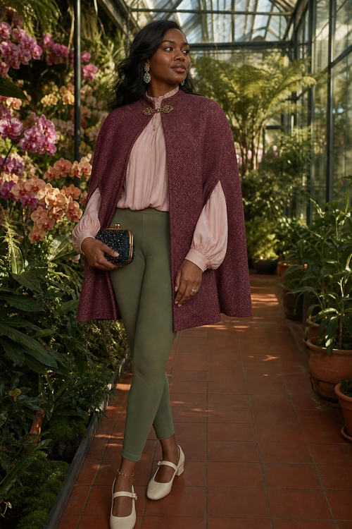 Woman wearing a burgundy cape over a blush pink blouse with olive green trousers and cream Mary Jane heels.