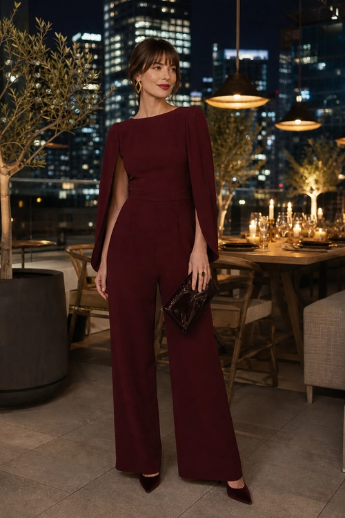 Burgundy Cape-Sleeve Jumpsuit Outfit A woman wears a burgundy cape-sleeve wide-leg jumpsuit with pointed-toe heels, hoop earrings, and a dark clutch.