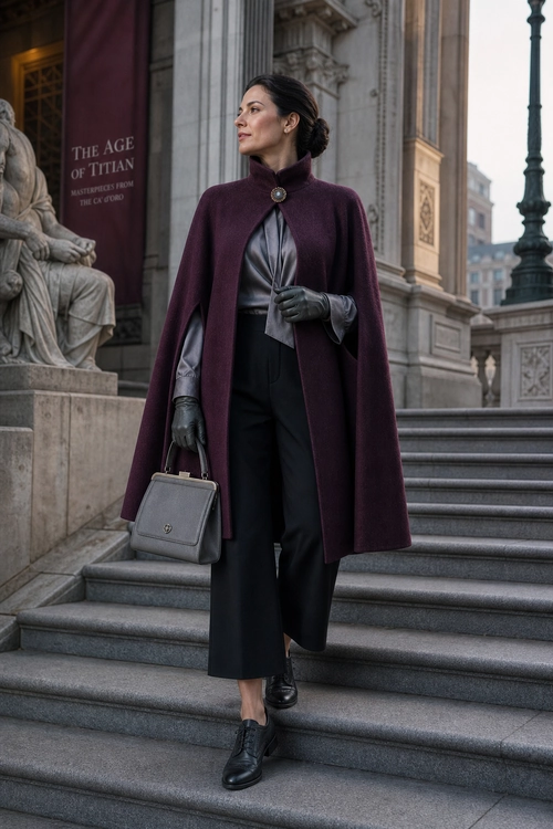 Burgundy Cape and Tailored Trousers A woman wears a burgundy cape coat over a satin blouse and black cropped trousers with leather gloves, a structured handbag, and black ankle boots.
