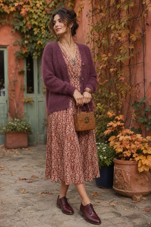 Burgundy Cardigan and Printed Midi Dress A woman wears a burgundy cardigan over a rust and cream printed midi dress with burgundy lace-up shoes and a woven handbag.