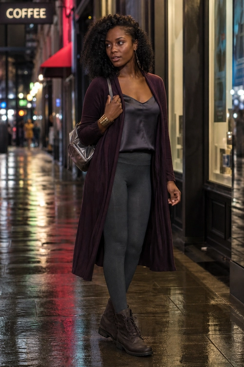 Burgundy Cardigan and Satin Camisole Outfit Woman wearing a long burgundy cardigan over a dark satin camisole with charcoal leggings, lace-up ankle boots, and a shoulder bag on a rainy city street.