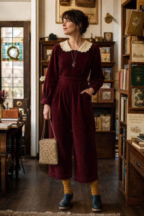 Burgundy Corduroy Jumpsuit Outfit A burgundy corduroy wide-leg jumpsuit with a white scalloped collar, mustard socks, black clogs, pendant necklace, and a small patterned handbag.