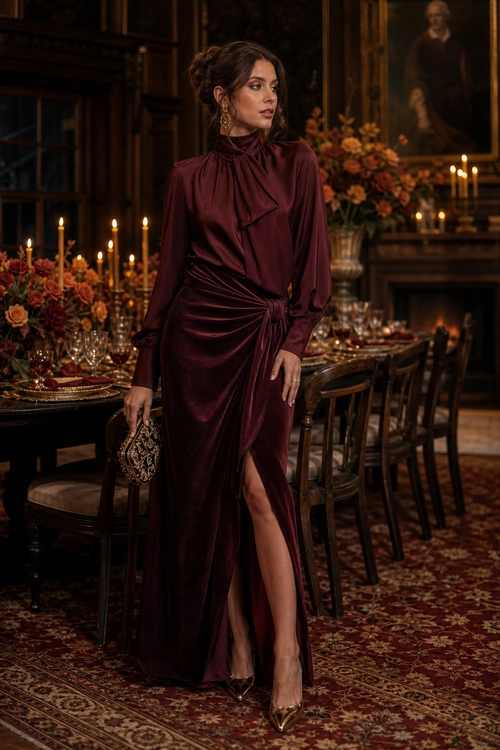 Burgundy Draped Evening Dress A woman wears a burgundy long-sleeve evening dress with a draped neckline, ruched waist, high slit, ornate clutch, and pointed-toe heels.