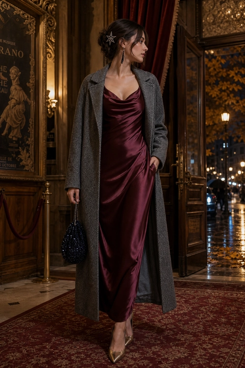 Burgundy Dress with Gray Long Coat A woman wears a burgundy draped dress with a long gray coat, pointed heels, and a black beaded handbag.