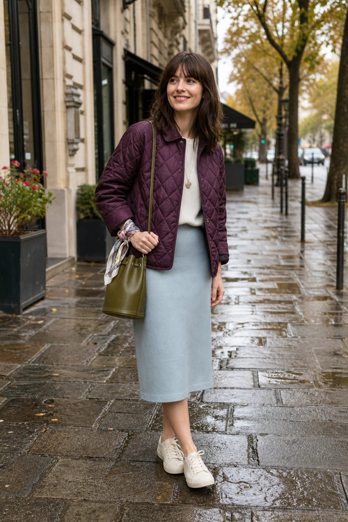 Burgundy Jacket and Blue Midi Skirt Outfit A woman wears a burgundy quilted jacket over a white top with a light blue midi skirt, white sneakers, and an olive tote bag.