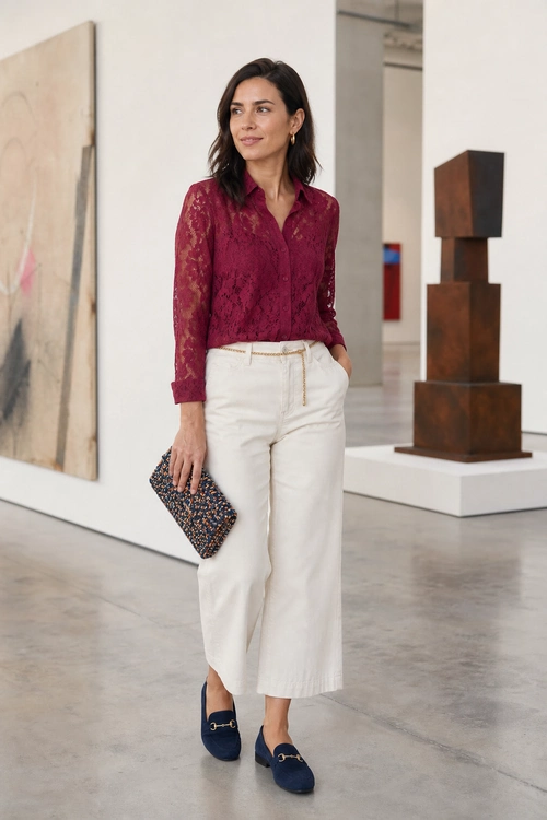 Burgundy Lace Blouse Outfit Woman wearing a burgundy lace blouse with cream cropped wide-leg trousers, navy loafers, a slim belt, and a patterned clutch.