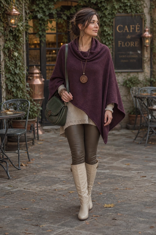 A burgundy draped poncho layered over a cream knit top with brown leggings, cream knee-high boots, and an olive shoulder bag.