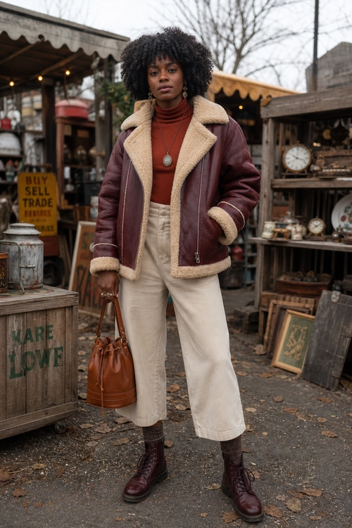 Burgundy Shearling Jacket Outfit A woman wears a burgundy shearling-lined jacket, rust turtleneck, cream cropped trousers, burgundy lace-up boots, and a brown bucket bag.