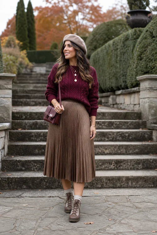 A woman wears a burgundy cable-knit sweater with a taupe pleated midi skirt, beret, crossbody bag, socks, and lace-up boots.