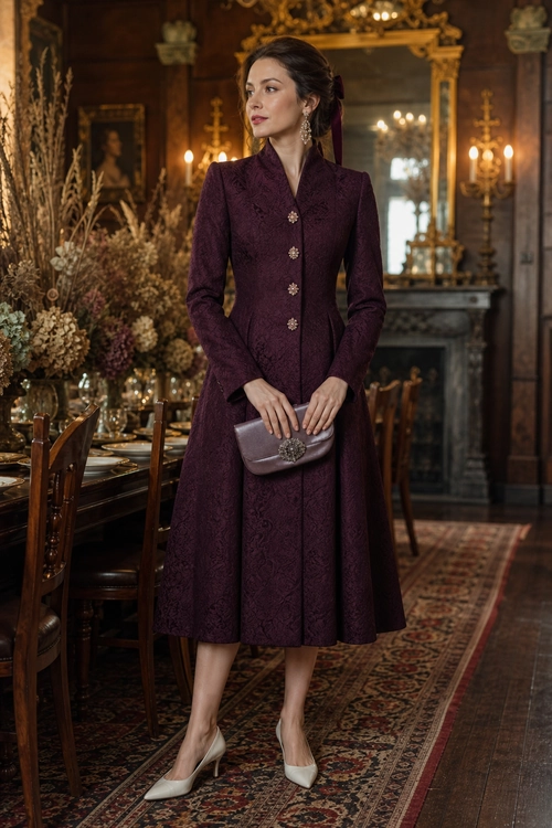 Woman wearing a burgundy long-sleeve tailored coat dress with a mauve clutch and ivory pointed-toe pumps.