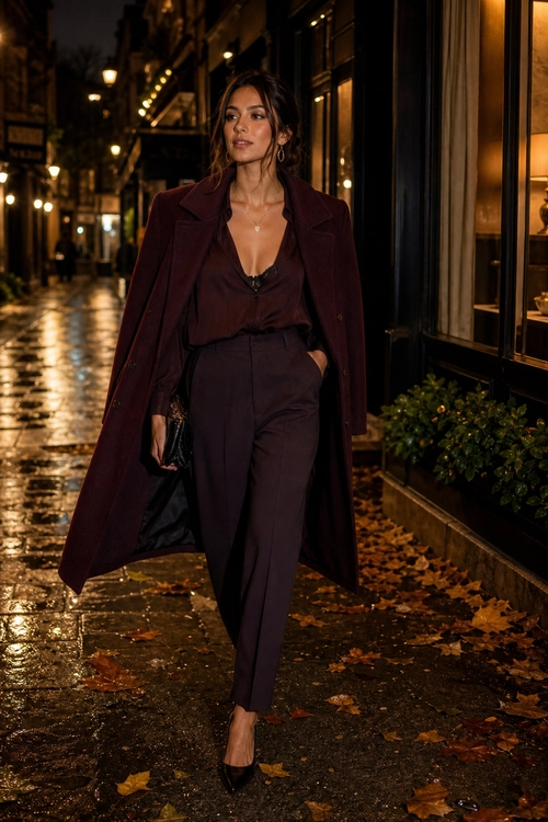 Burgundy Tailored Evening Look A woman wears a deep burgundy long coat over a matching blouse and high-waisted trousers with black pointed heels.