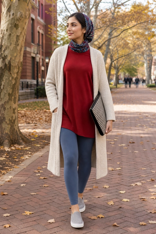 A woman wears a burgundy tunic, long cream cardigan, blue-gray leggings, patterned headscarf, and gray slip-on sneakers outdoors.
