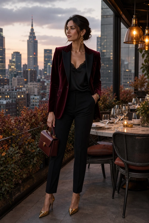 Woman wearing a burgundy velvet blazer, black camisole and tailored trousers with pointed metallic heels and a matching handbag.
