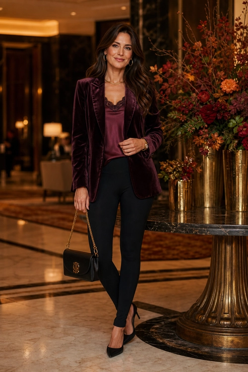 Burgundy Velvet Blazer Outfit A woman wears a burgundy velvet blazer over a matching camisole with black fitted trousers, pointed heels, and a chain-strap handbag.