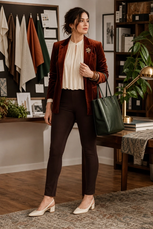A woman wears a burgundy velvet blazer over an ivory pleated blouse with dark fitted trousers, cream block-heel pumps, and a deep green tote bag.