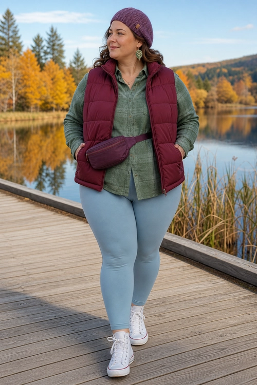 Casual layered outfit with a burgundy quilted vest, green plaid shirt, light blue leggings, white high-top sneakers, and a matching waist bag.