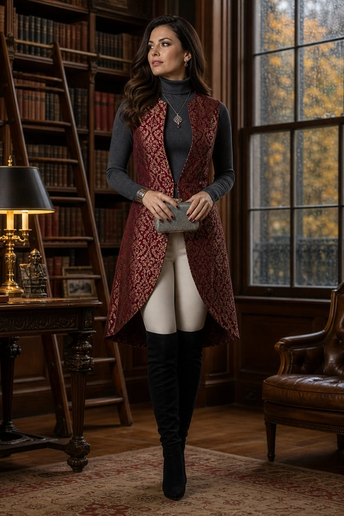 Burgundy Vest and Thigh-High Boots Outfit A woman wears a burgundy patterned long vest over a charcoal gray turtleneck with cream trousers, black thigh-high boots, and a gray clutch.