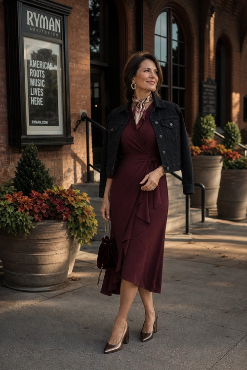 A woman wears a burgundy wrap midi dress with a black cropped jacket, patterned neck scarf, hoop earrings, handbag, and pointed pumps.