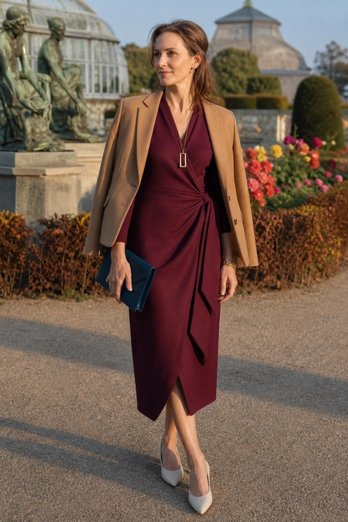 Burgundy Wrap Dress with Camel Blazer A woman wears a burgundy wrap-style midi dress with a camel blazer, pendant necklace, blue clutch, and light pointed pumps.