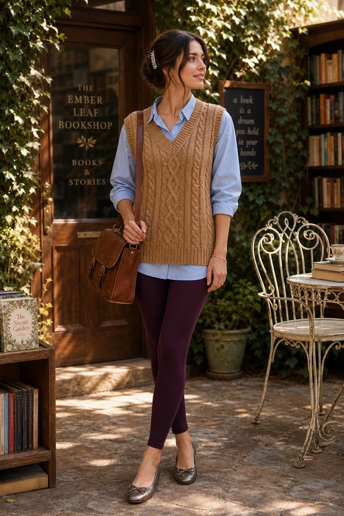 Cable Knit Vest and Burgundy Leggings Outfit A woman wears a tan cable knit sweater vest over a light blue button-down shirt with burgundy leggings, brown loafers, and a brown leather satchel.