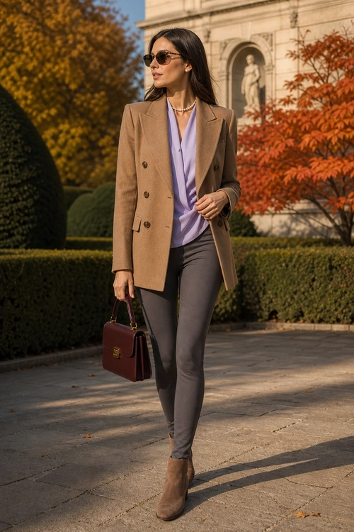 A woman wears a camel double-breasted blazer over a lavender blouse with gray slim trousers, brown ankle boots, sunglasses, and a burgundy handbag.