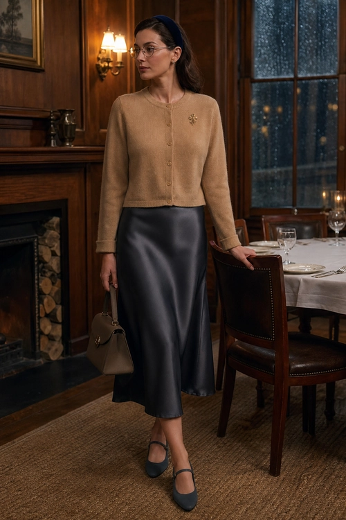 A woman wears a camel button-front cardigan with a dark satin midi skirt, Mary Jane shoes, glasses, and a structured handbag.