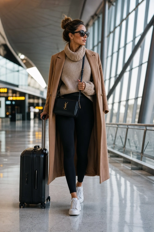 A woman wears a camel long coat, beige turtleneck sweater, black pants, white sneakers, sunglasses, and a black crossbody bag while pulling a rolling suitcase through an airport.