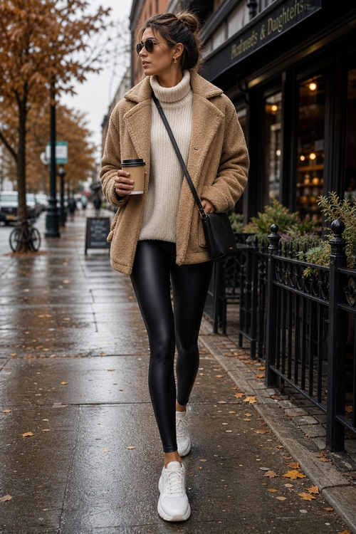 A casual street-style outfit featuring a camel coat, cream turtleneck sweater, black leggings, white sneakers, and a black crossbody bag.