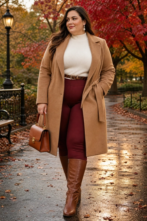 A woman wears a camel belted coat over an ivory ribbed turtleneck with burgundy bottoms, brown knee-high boots, and a structured brown handbag.