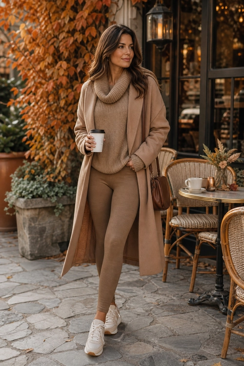 A woman wears a camel coat over a taupe turtleneck sweater and fitted pants with white sneakers while holding a takeaway coffee.