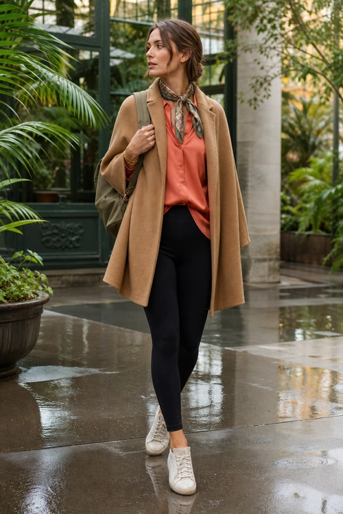 Woman wearing a camel coat over a coral blouse with a patterned neck scarf, black leggings, white sneakers, and an olive backpack.