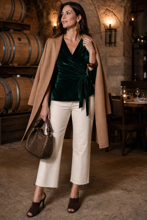 A woman wears a camel coat draped over an emerald green wrap top, cropped ivory trousers, brown open-toe heels, and carries a woven brown handbag.