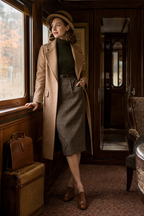 Classic Camel Coat Travel Look A woman wears a camel long coat, dark green turtleneck, plaid midi skirt, brown hat, and brown lace-up shoes in a wood-paneled interior.