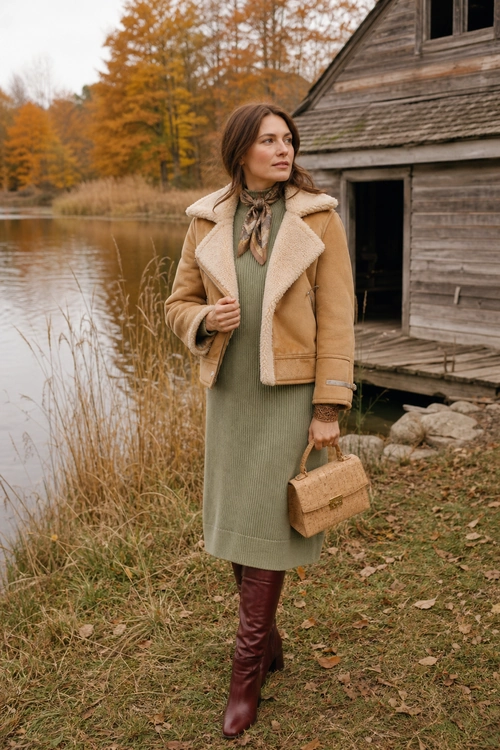 Camel Jacket and Knit Dress Outfit A woman wears a camel shearling-collar jacket over a sage green ribbed knit dress with a patterned neck scarf, burgundy knee-high boots, and a tan handbag.