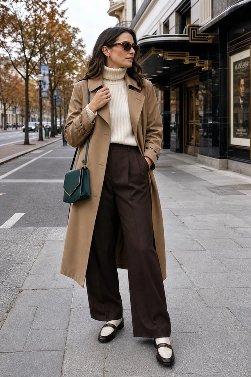 Camel Trench Coat and Brown Trousers A woman wears a camel trench coat over a cream turtleneck with wide-leg brown trousers, two-tone buckle shoes, sunglasses, and a dark teal shoulder bag.